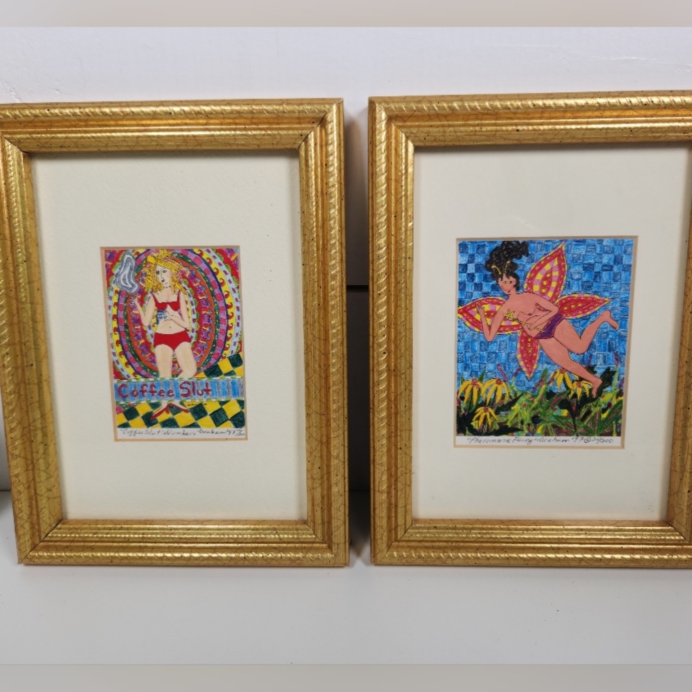 Vintage 1997 Signed Limited Edition Pop Art Prints Pair – Coffee & Fairy Art